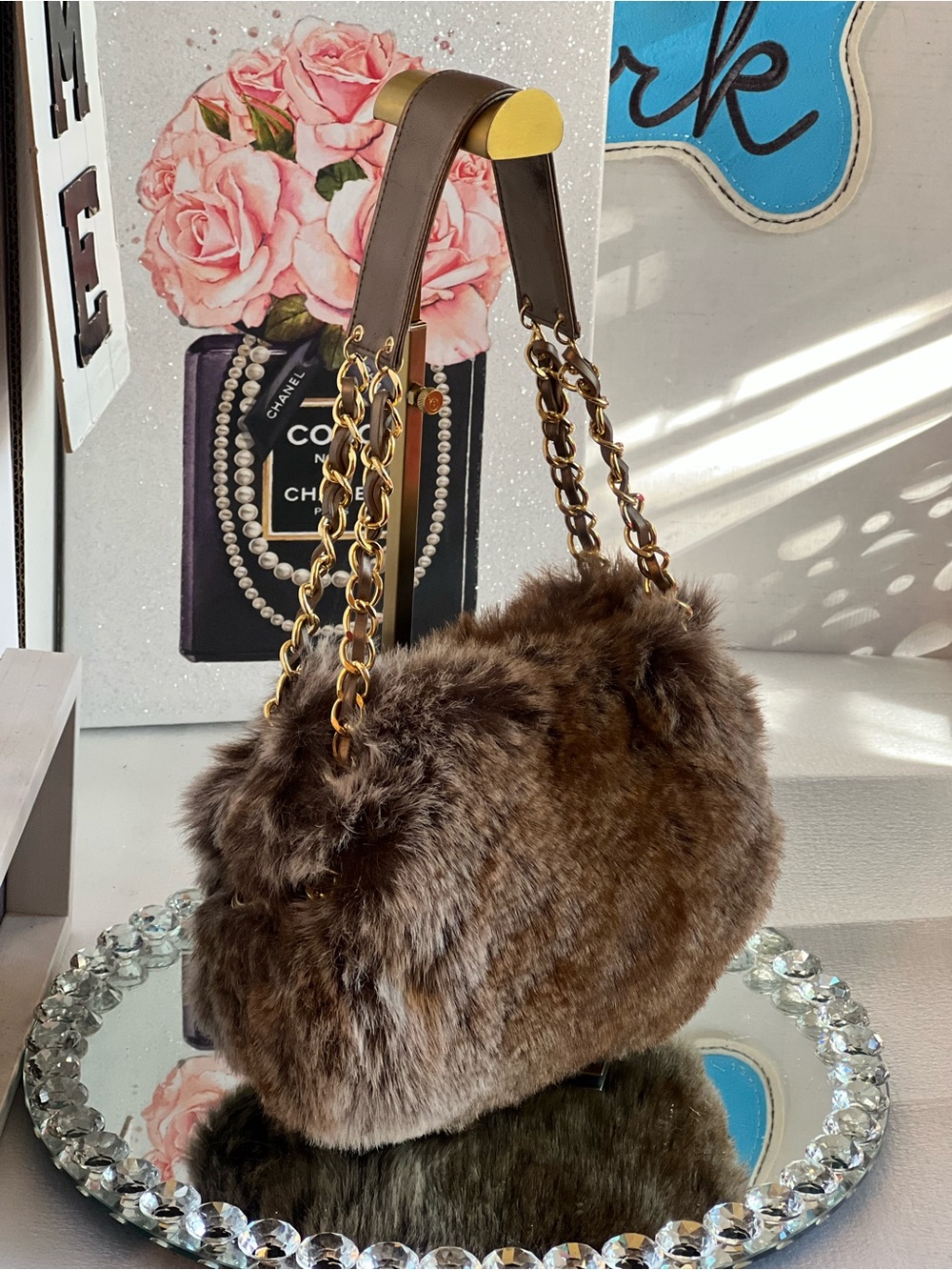 Apt. 9 Y2k Brown Faux Fur Shoulder Bag with Gold Chain Handles